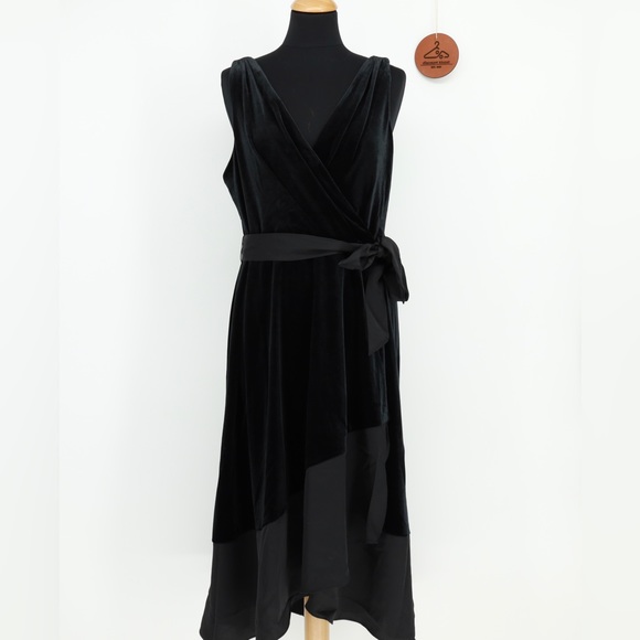 DKNY Stretch Velvet Satin Trim Surplice Faux Wrap Tie Waist Midi Dress - Picture 1 of 11